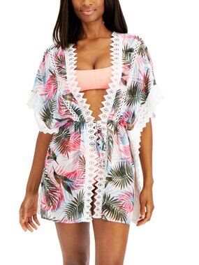 Miken Womens Multicolor Lace-Trim Kimono Cover-up Tropical Resort Size L NWT